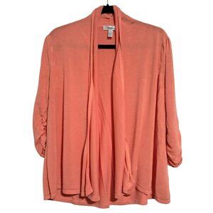 Coral Open-Front Cardigan Sweater 1X Dressbarn Womens Ruched Sleeves Lightweight